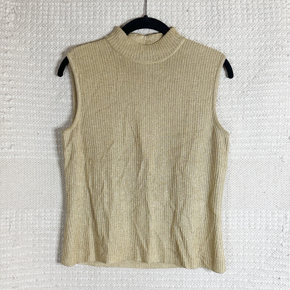 ST. JOHN gold metallic mock neck sleeveless knit top XS
